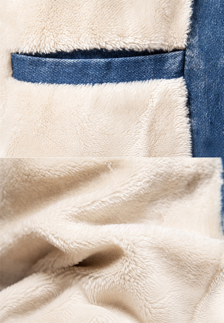 Heren denim bomberjack met ritssluiting en zachte schapenvachtlook voering, ideaal als herfstjas.