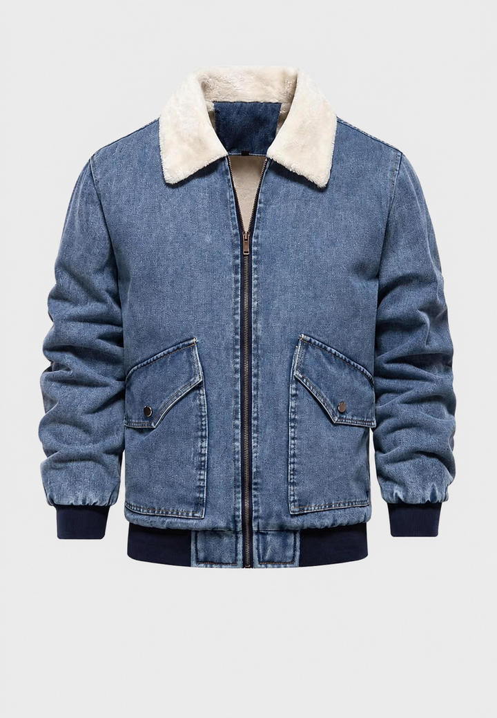 Modieus heren spijker bomberjack met warme schapenvachtlook voering, perfect voor vrijetijdskleding.