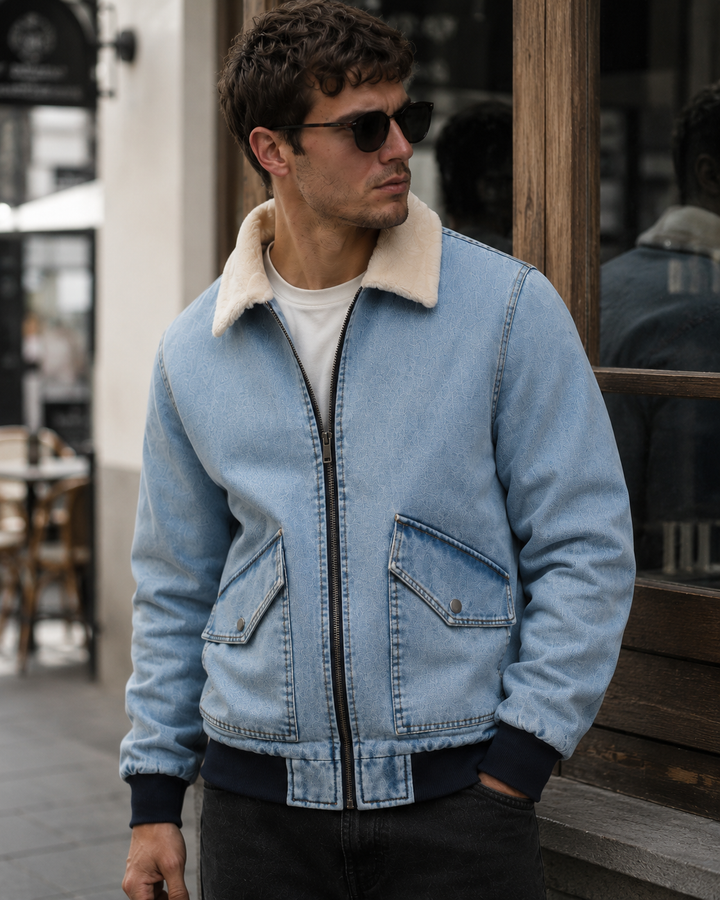 Heren denim bomberjack met warme schapenvachtlook voering, ideaal voor herfst en winter.