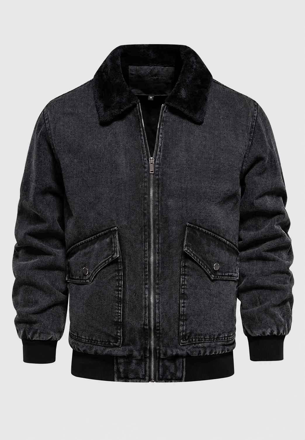 Heren denim bomberjack van hoge kwaliteit met schapenvachtlook voering, warm en stijlvol.
