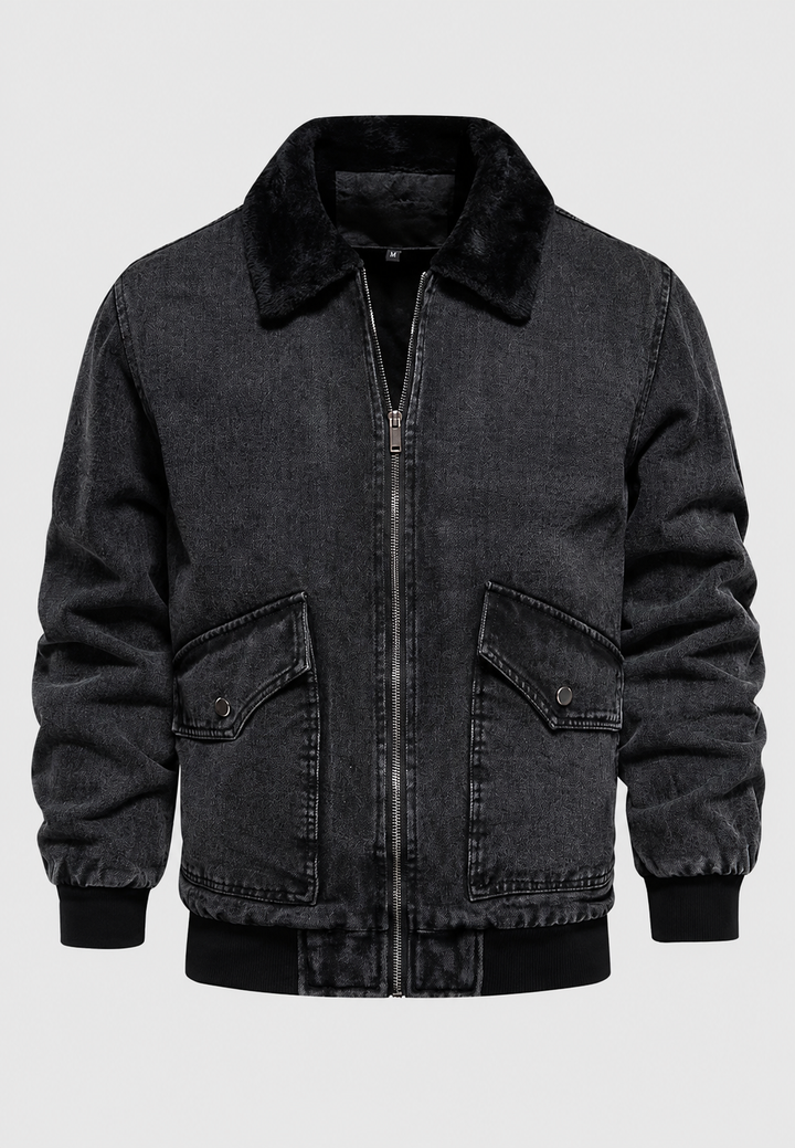 Heren denim bomberjack van hoge kwaliteit met schapenvachtlook voering, warm en stijlvol.
