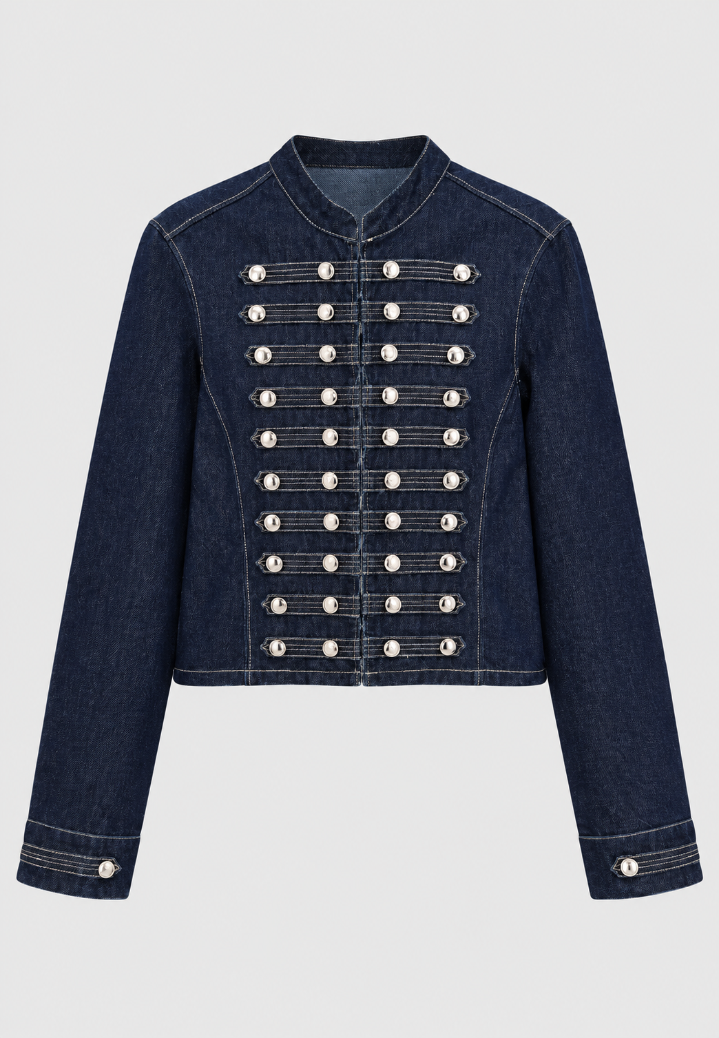 Elegante korte dames jas, getailleerd met unieke maokraag, tijdloos en stijlvol.