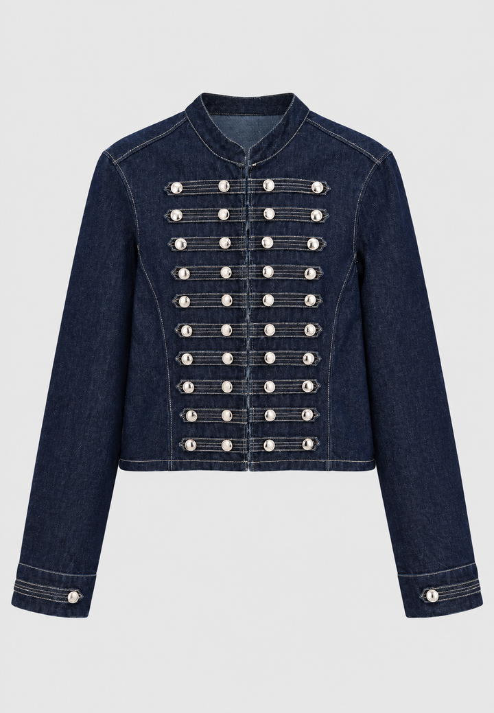 Elegante korte dames jas, getailleerd met unieke maokraag, tijdloos en stijlvol.