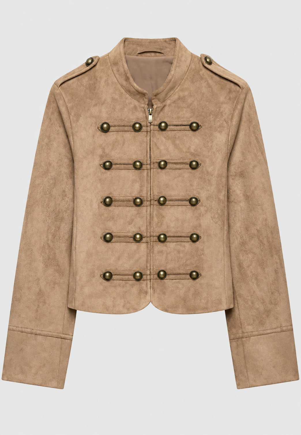 Trendy damesjas, koffiekleurig, korte pasvorm, militaire stijl. Stijlvolle herfstjas met epauletten.