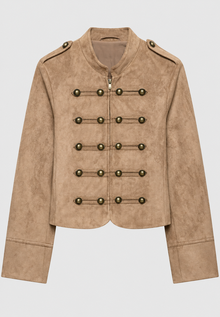 Trendy damesjas, koffiekleurig, korte pasvorm, militaire stijl. Stijlvolle herfstjas met epauletten.