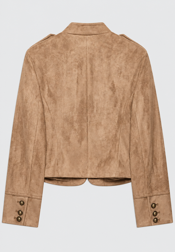 Korte dames herfstjas militaire stijl, koffiebruin. Met epauletten en hoge kraag, voor een trendy look.