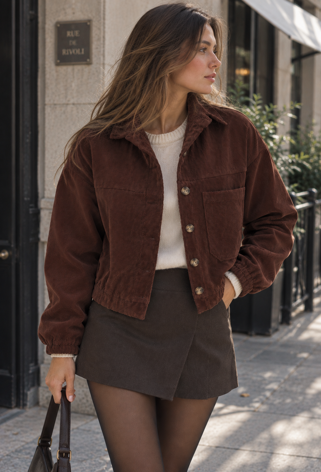 Bruin geribbeld kort damesjasje met overhemdkraag en opgestikte zakken, ideaal voor een casual herfstlook.