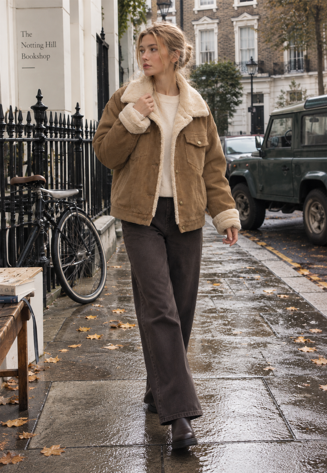 Warme beige/khaki damesjas met geribbelde textuur en zachte kraag; een veelzijdige casual herfst/winter overjas.