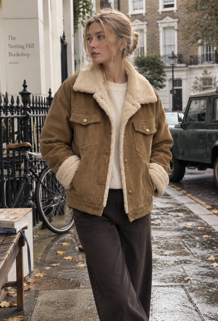 Beige geribbelde dames tussenjas, comfortabel en warm, met zachte kraag, ideaal voor casual outfits.