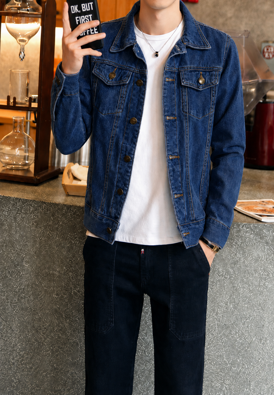 Casual heren denim jack in blauw/zwart, met trendy gewassen look en praktische borstzakken. Geschikt als tussenjas.
