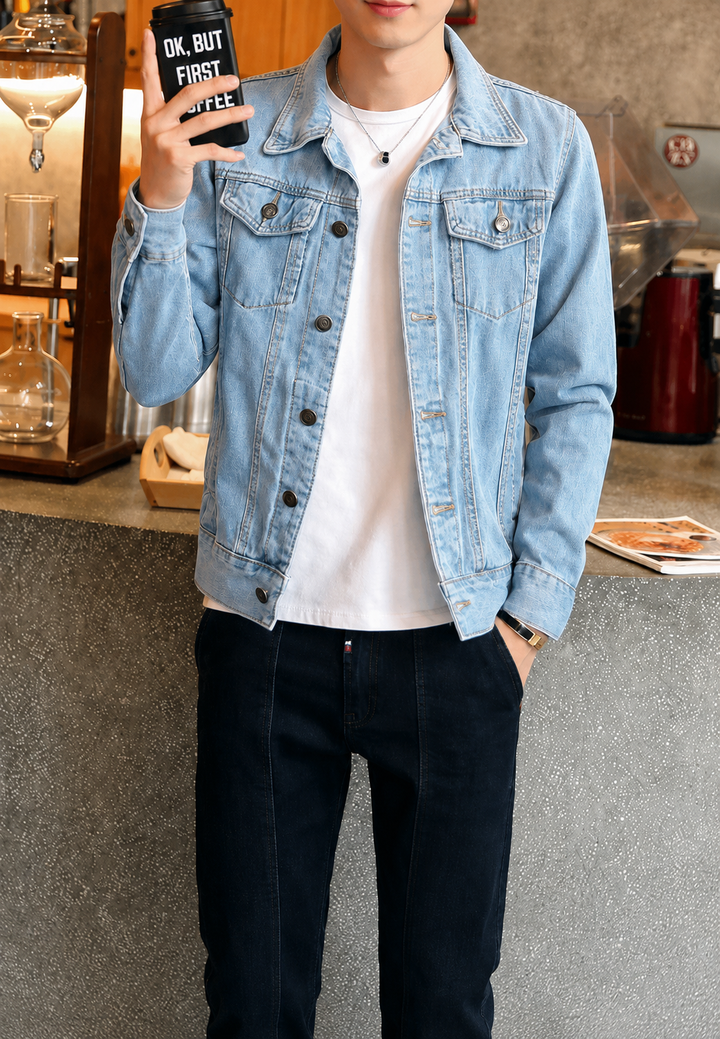 Veelzijdig heren jeansjack voor lente/herfst, met moderne gewassen look en functionele borstzakken.