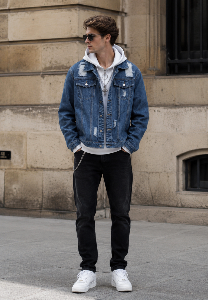 Blauw gewassen heren jeansjack met stoere scheuren, perfect voor een casual streetwear look.