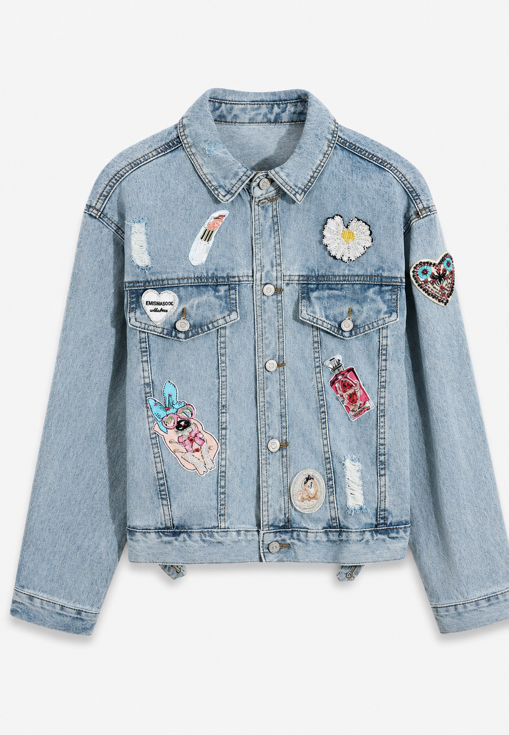 Modern kort dames jasje met unieke patches en hippe verwassen look, een trendy overgangsjas voor lente en herfst.