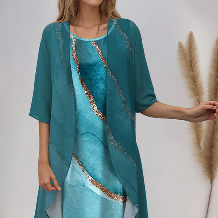 Elegante dames midi jurk met vest, tijdloze set voor een stijlvolle verschijning, geschikt voor elke vrouw.