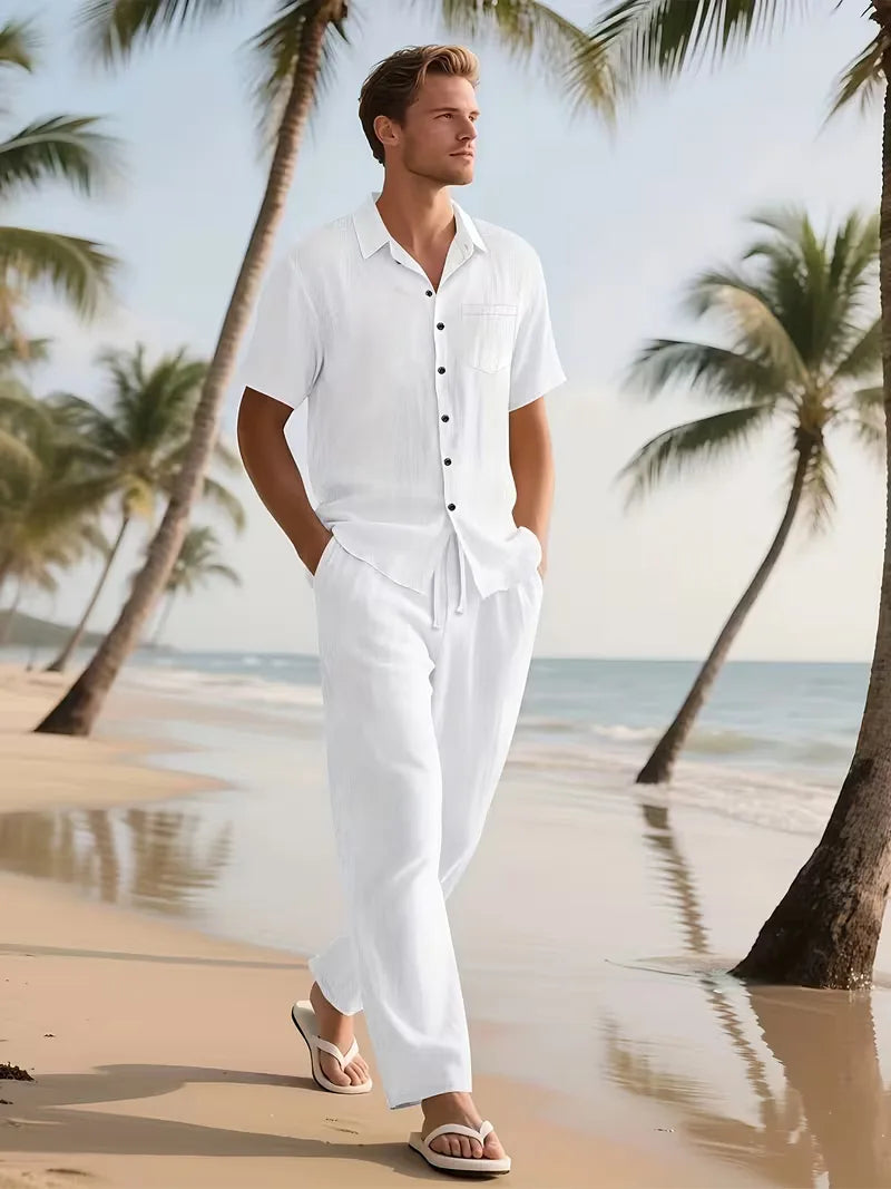 Heren zomerset voor alle gelegenheden: V-hals shirt korte mouwen & broek rechte pijpen, veelzijdig.