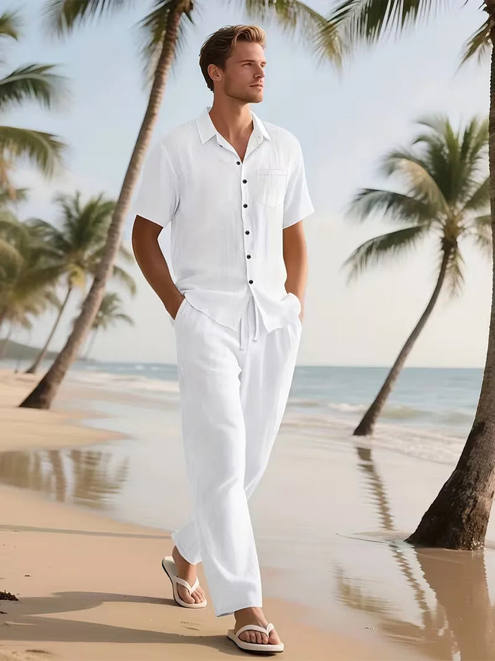Heren zomerset voor alle gelegenheden: V-hals shirt korte mouwen & broek rechte pijpen, veelzijdig.