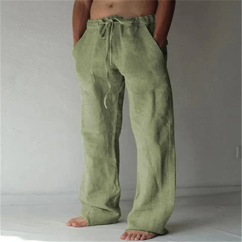 Zwarte heren linnen katoen broek, ademend en comfortabel, perfect voor een casual lente/herfst look.