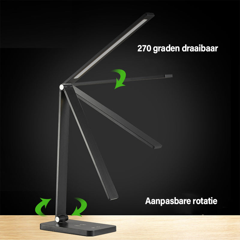 Moderne LumiGlow dimbare LED-tafellamp met geïntegreerde draadloze oplader, perfect voor studeerkamer.