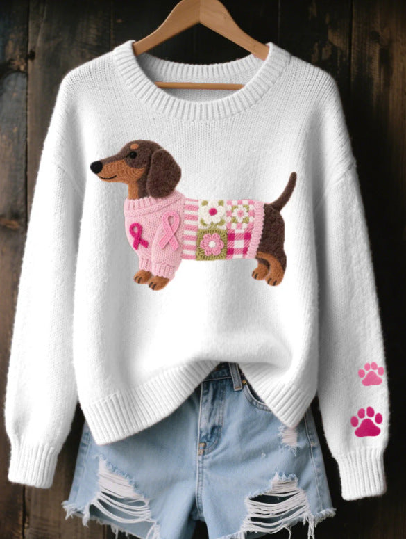 Damestrui met ronde hals en schattig grafisch hondendesign, perfect voor een comfortabele casual outfit.