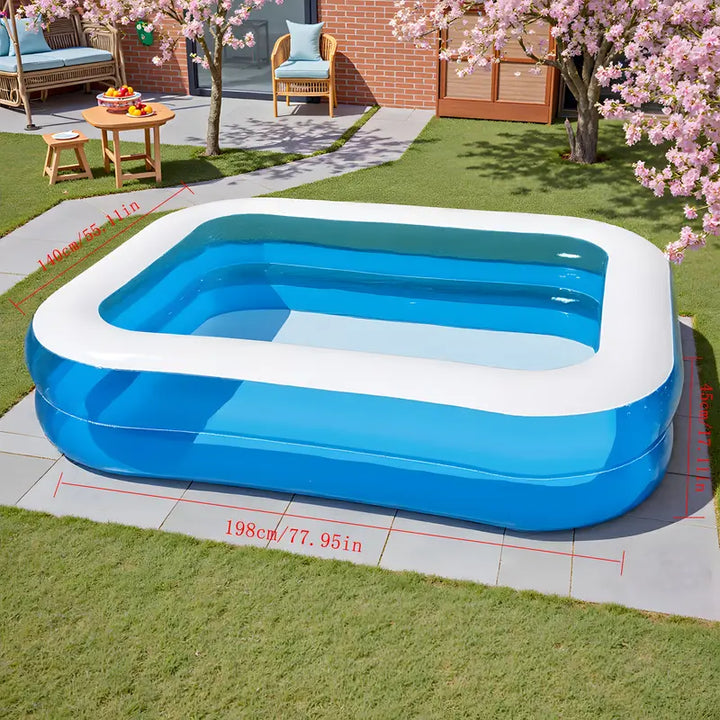 Eenvoudig op te zetten 4-persoons PVC zwembad, perfect voor families die verkoeling zoeken in de tuin deze zomer.
