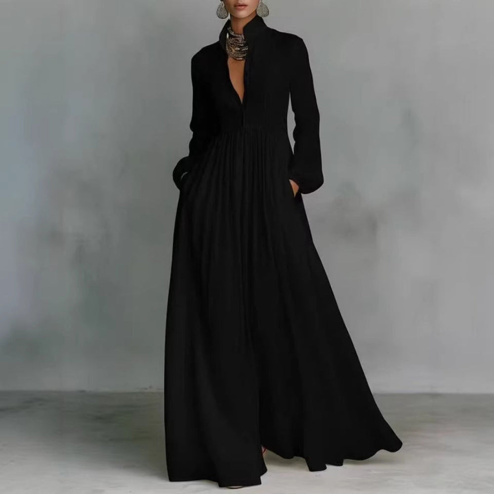 Stijlvolle A-lijn dames maxi-jurk met plooien, lange mouwen; elegante Franse stijl voor casual chic.