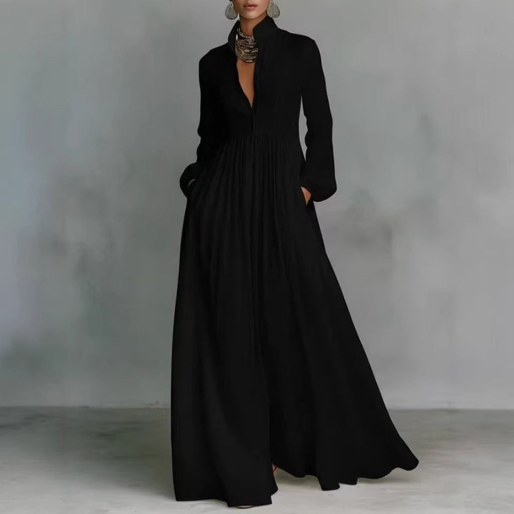 Stijlvolle A-lijn dames maxi-jurk met plooien, lange mouwen; elegante Franse stijl voor casual chic.