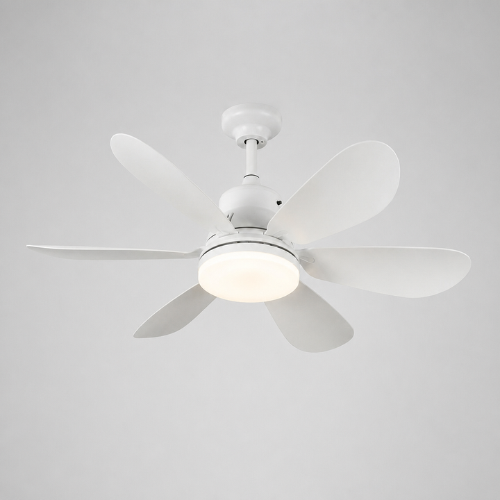 Witte moderne LED plafondlamp met geïntegreerde stille ventilator. Dimbaar en bedienbaar via afstandsbediening.