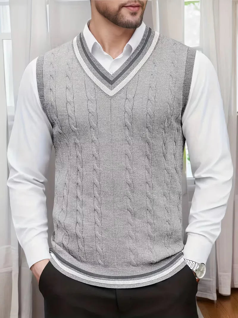 Smart casual heren mouwloos vest, V-hals, uniek kabelpatroon, makkelijk te combineren.