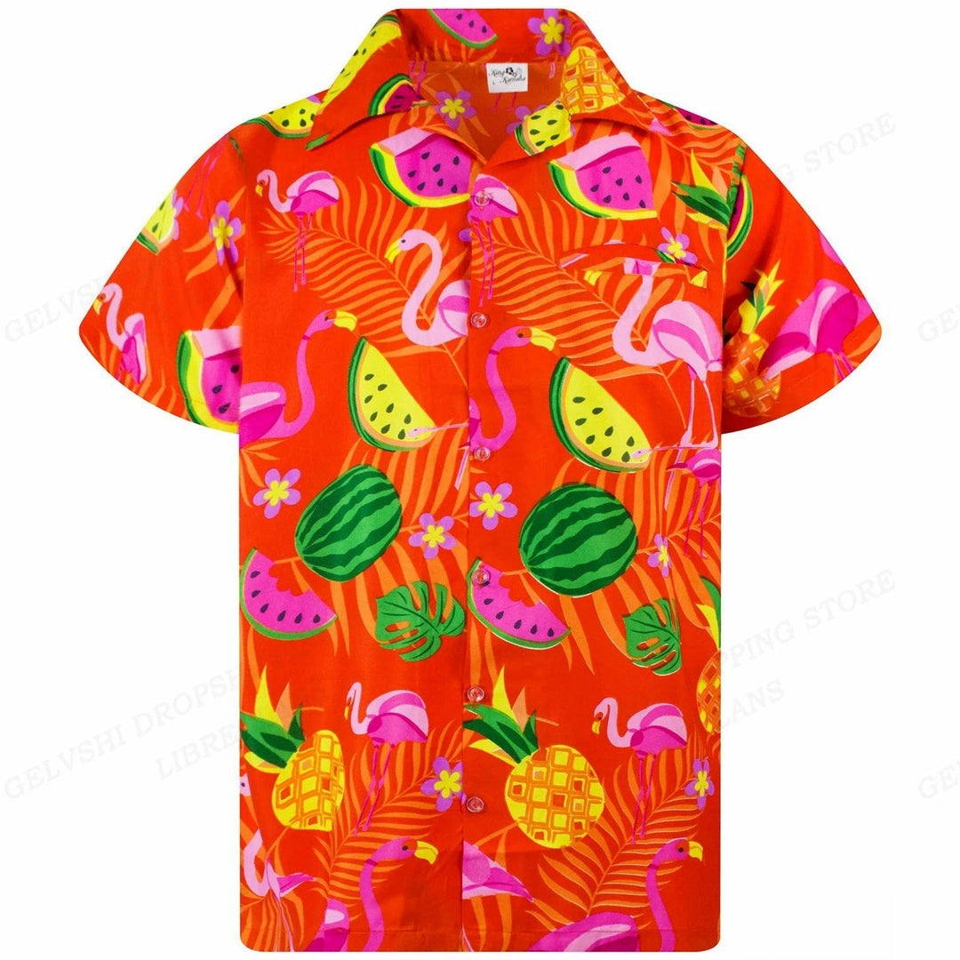 Nico herenoverhemd met unieke 3D flamingo print. Casual Hawaii stijl voor zomer, strand en vakantieherenmode.