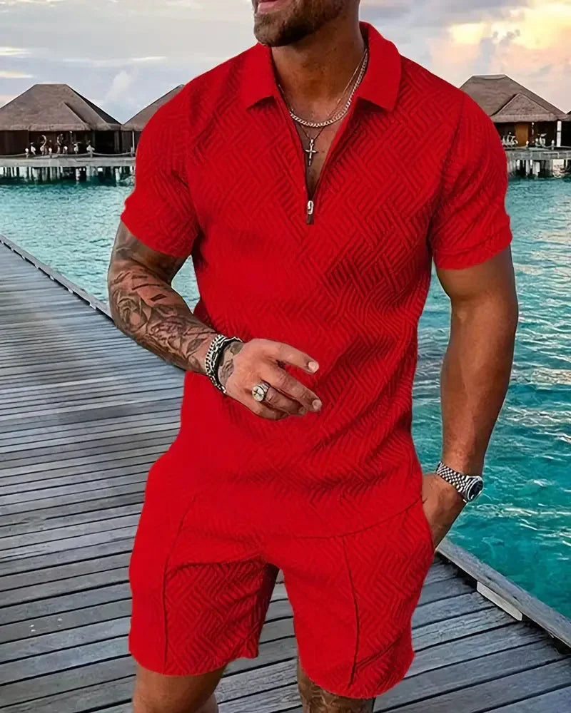 Heren casual zomer poloshirtset met ritskraag. Comfortabel en ademend voor warme dagen.