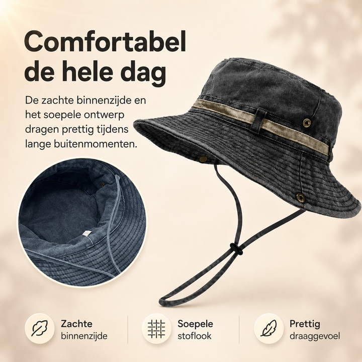 Zomerse dames reishoed met brede rand en kinband, biedt optimale UV bescherming tegen de zon.