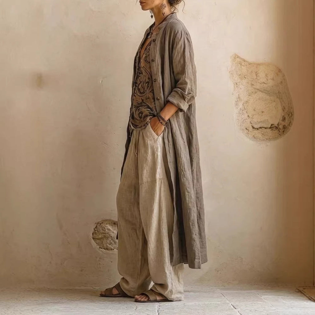 Dames comfortabele driedelige set in camel met wijde broek en bedrukt shirt, ideaal voor lente/zomer.