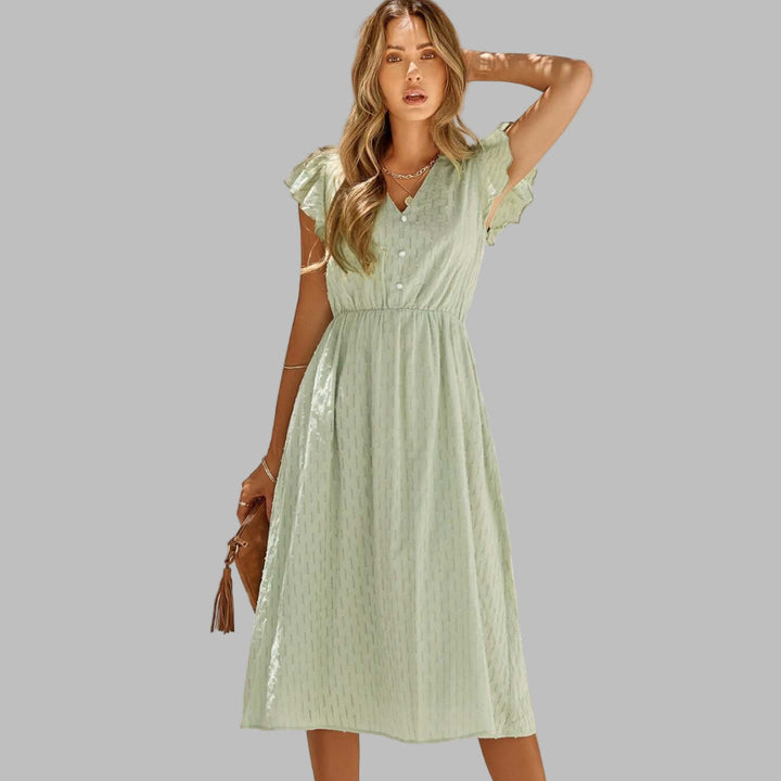 Stijlvolle groene dames midi-jurk met elegante geplooide V-hals. Comfortabele en ademende lente/zomer jurk.