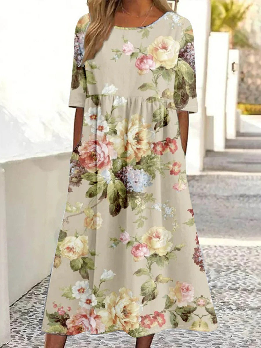 Khaki dames midi-jurk met korte mouwen en bloemenprint, ideaal voor de zomer, casual en comfortabel.