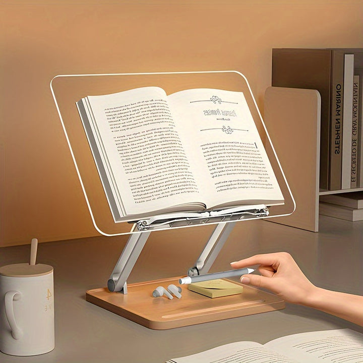 Close-up van het verstelbare mechanisme van de acryl leesstandaard, voor een ergonomische en comfortabele kijkhoek.