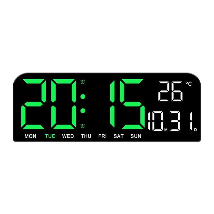 Multifunctionele digitale wandklok met temperatuur, datum en alarmfunctie; modern design.