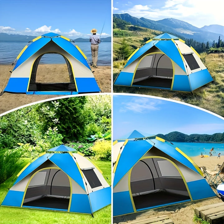 Buitenaanzicht van de snel opgezette 4-persoons campingtent, perfect voor outdoor en winddicht.