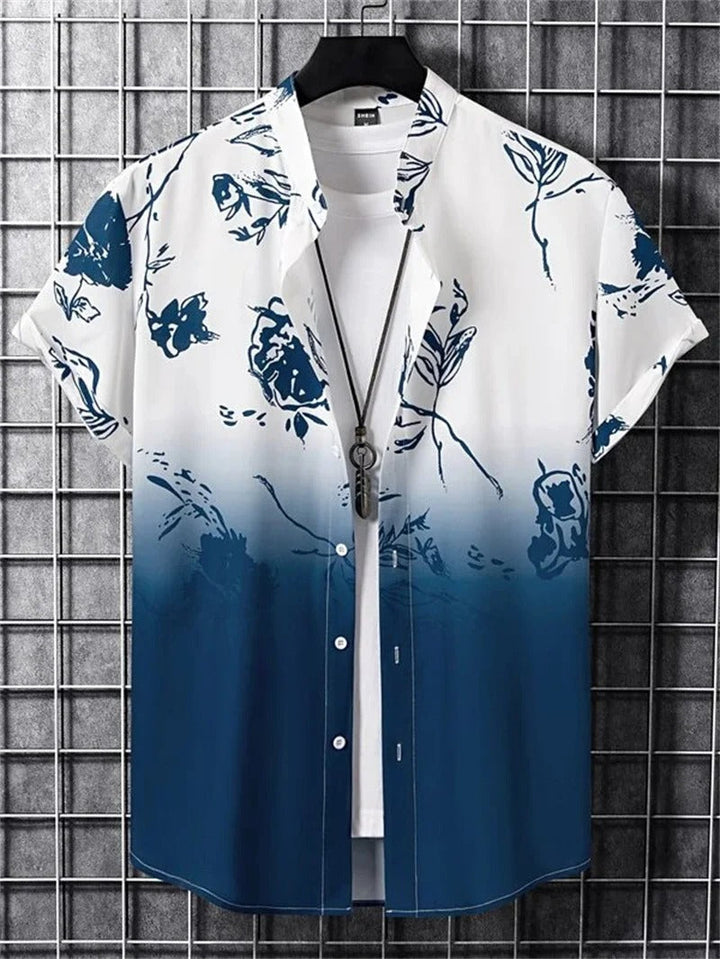 Nieuw heren Hawaii overhemd, opgevouwen, toont levendige 3D bloemenprint. Klaar voor zomer, feest, strand of vakantie.