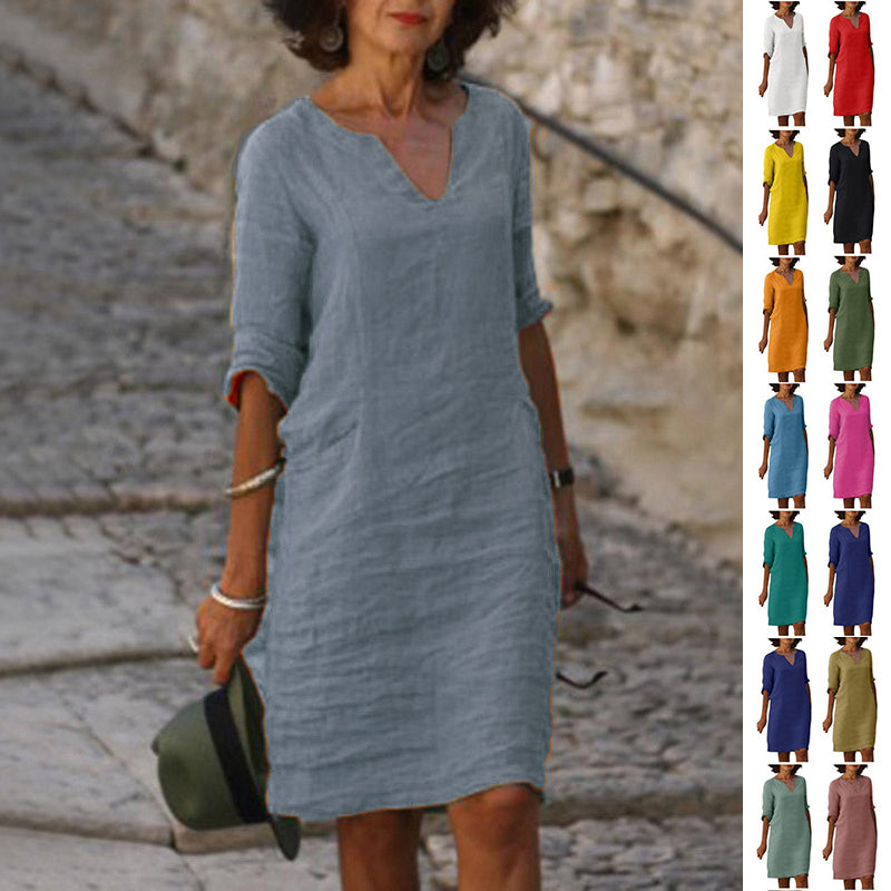 Dames vintage midi-jurk met korte mouwen, tijdloze elegantie en A-lijn model. Perfecte retro zomerjurk.