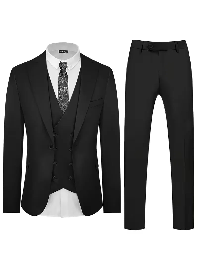 Veelzijdig driedelig heren pak, slim fit, makkelijk te combineren voor diverse formele settings.