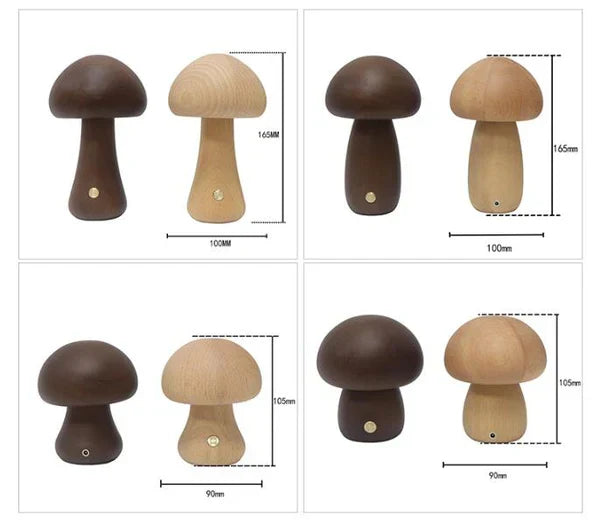Natuurlijk houten paddenstoel lampje, zacht LED licht, ideaal voor een rustige kinderslaapkamer.