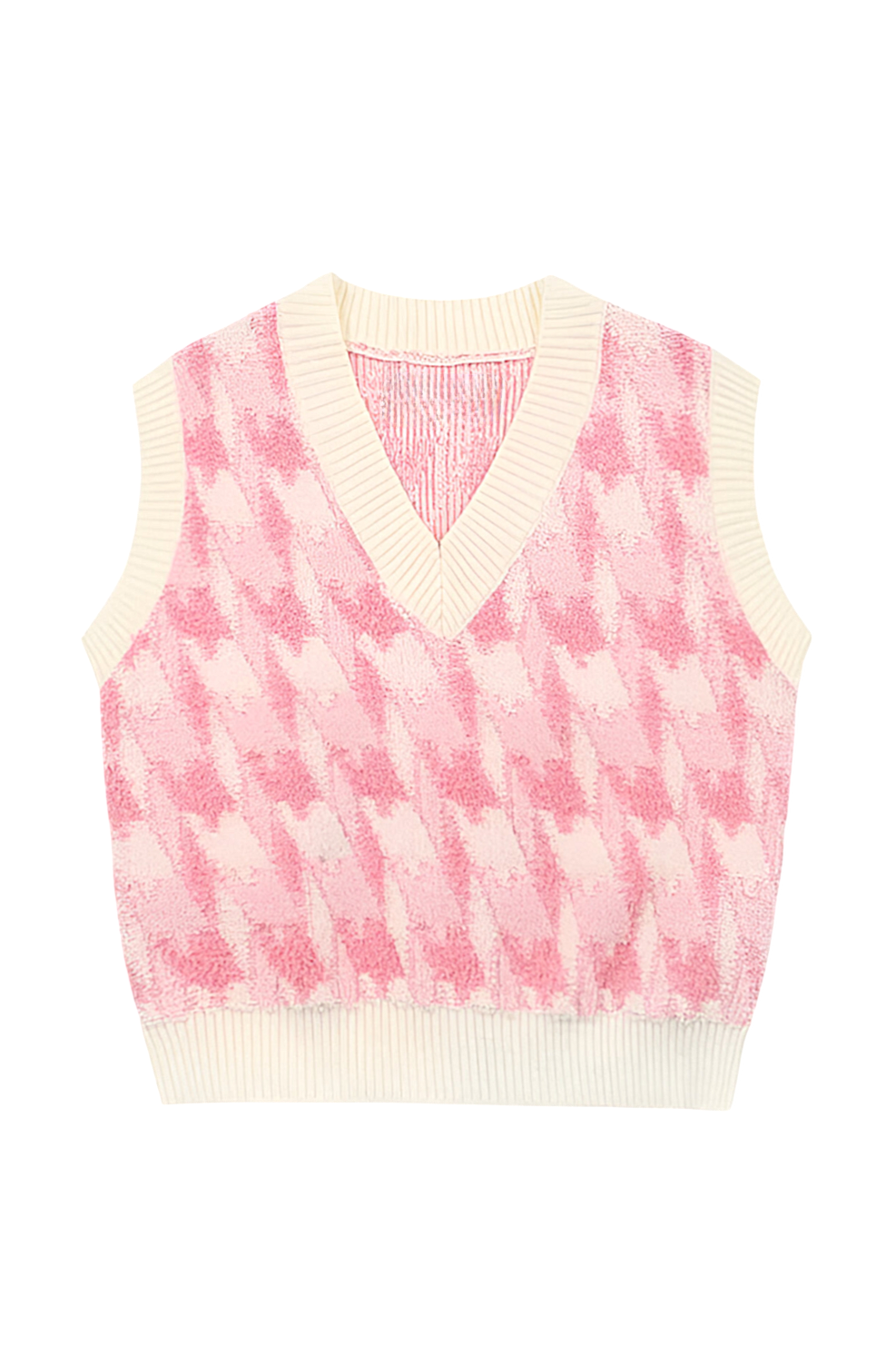Trendy gebreid damesvest met opvallende print en klassieke V-hals, een must-have voor je lente- of najaarsgarderobe.