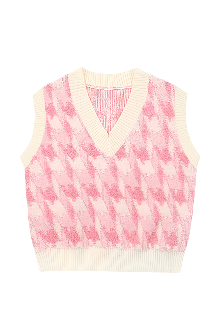 Trendy gebreid damesvest met opvallende print en klassieke V-hals, een must-have voor je lente- of najaarsgarderobe.