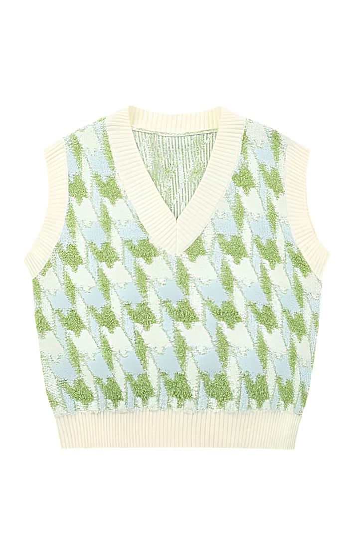 Stijlvol gebreid damesvest met V-hals en modieuze print, uitstekend te combineren voor een gelaagde herfstlook.