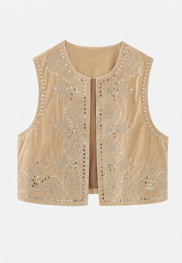 Damesvest van fluweel met stijlvol bloemenborduursel, een elegante toevoeging aan je garderobe, rondhals.