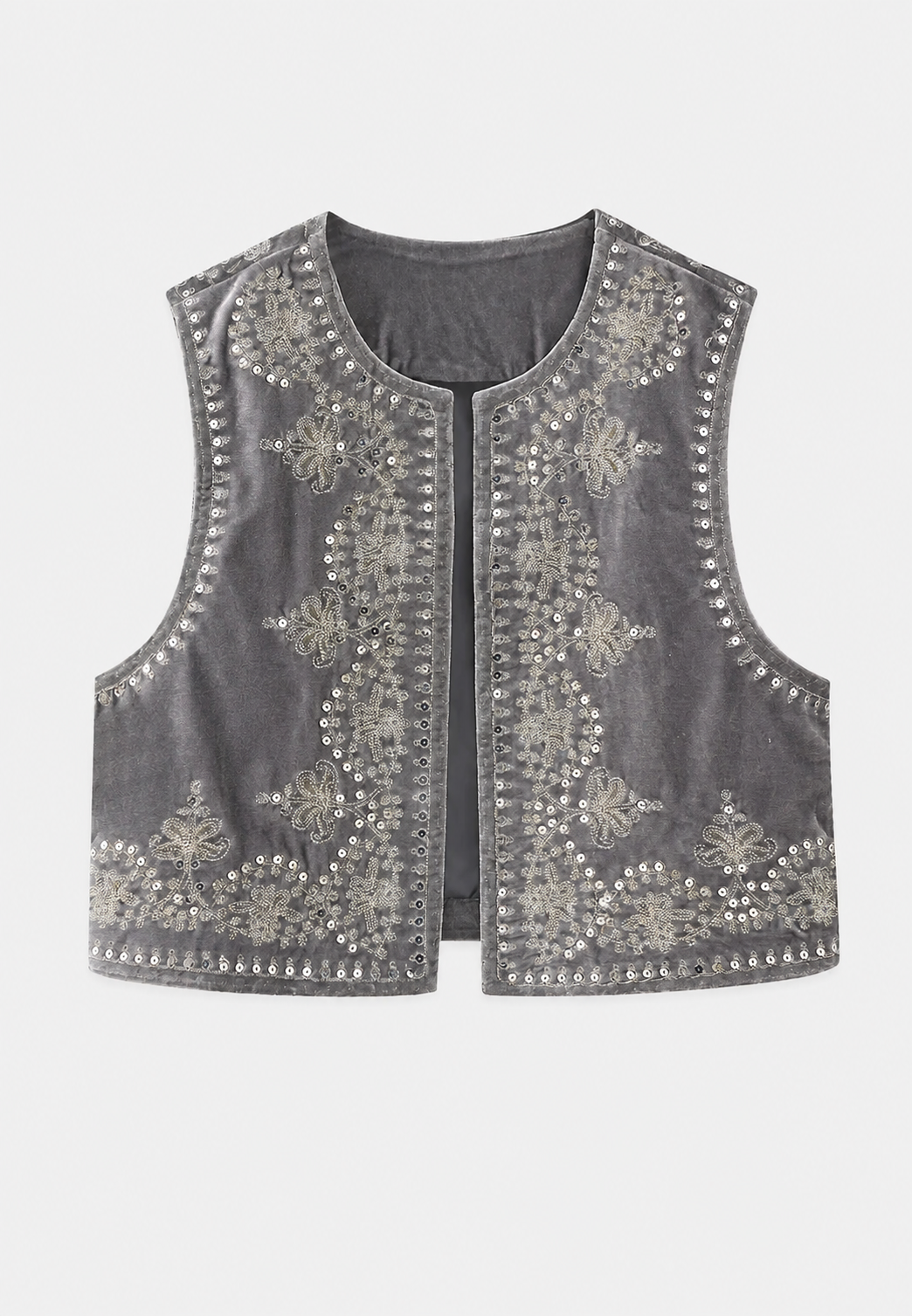 Elegant fluwelen damesvest met prachtig bloemenborduurwerk, voor een modieuze uitstraling in het tussenseizoen.