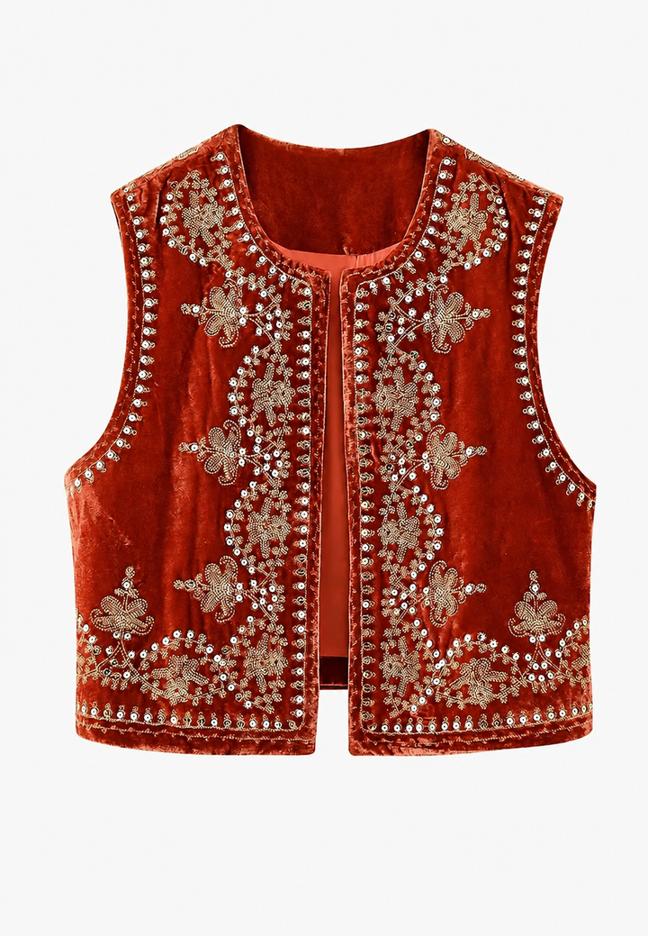 Trendy damesvest van zacht fluweel met chic bloemenborduurwerk, perfecte stijlvolle bovenkleding.