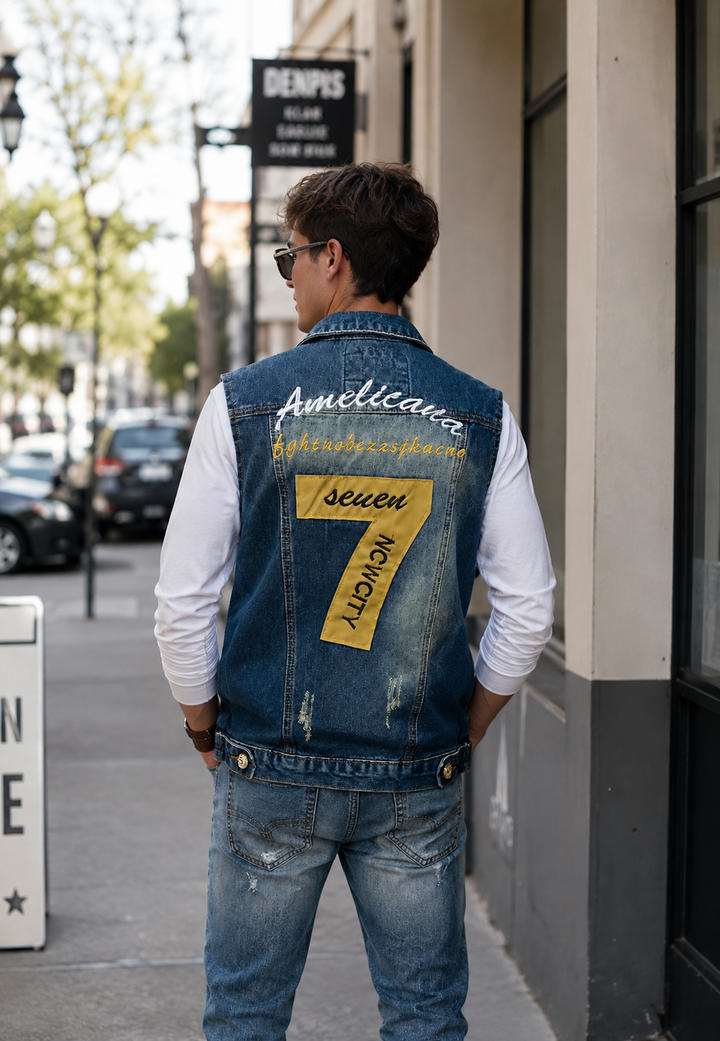Trendy heren spijkerjasje in blauw denim, perfect voor een urban casual look met unieke geborduurde details.