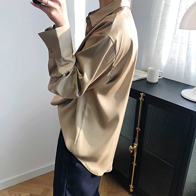 Modieuze dames blouse met V-hals, glanzend en elegant; ideaal voor herfst of voorjaar.