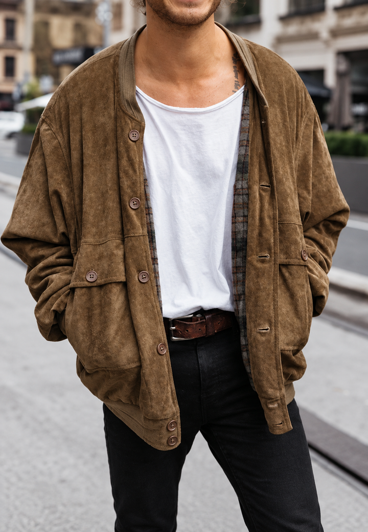 Comfortabele heren suède-look jas met ruime pasvorm, perfect als casual herfstjas.
